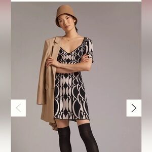 ANTHROPOLOGIE Jacquard Knit Mini Dress Black White Geometric Mod Sweater Dress L